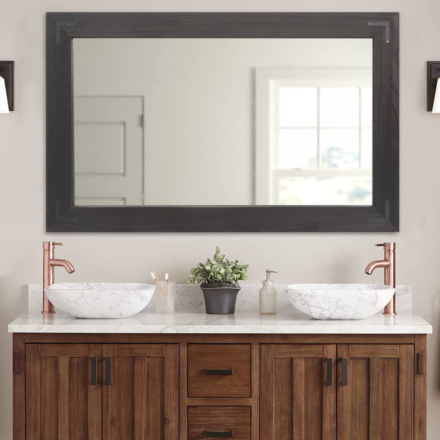 YOSHOOT Rustic Wooden Framed Wall Mirror, Natural Wood Bathroom Vanity Mirror for Farmhouse Decor, Vertical or Horizontal Hanging, 60" x 36", Black