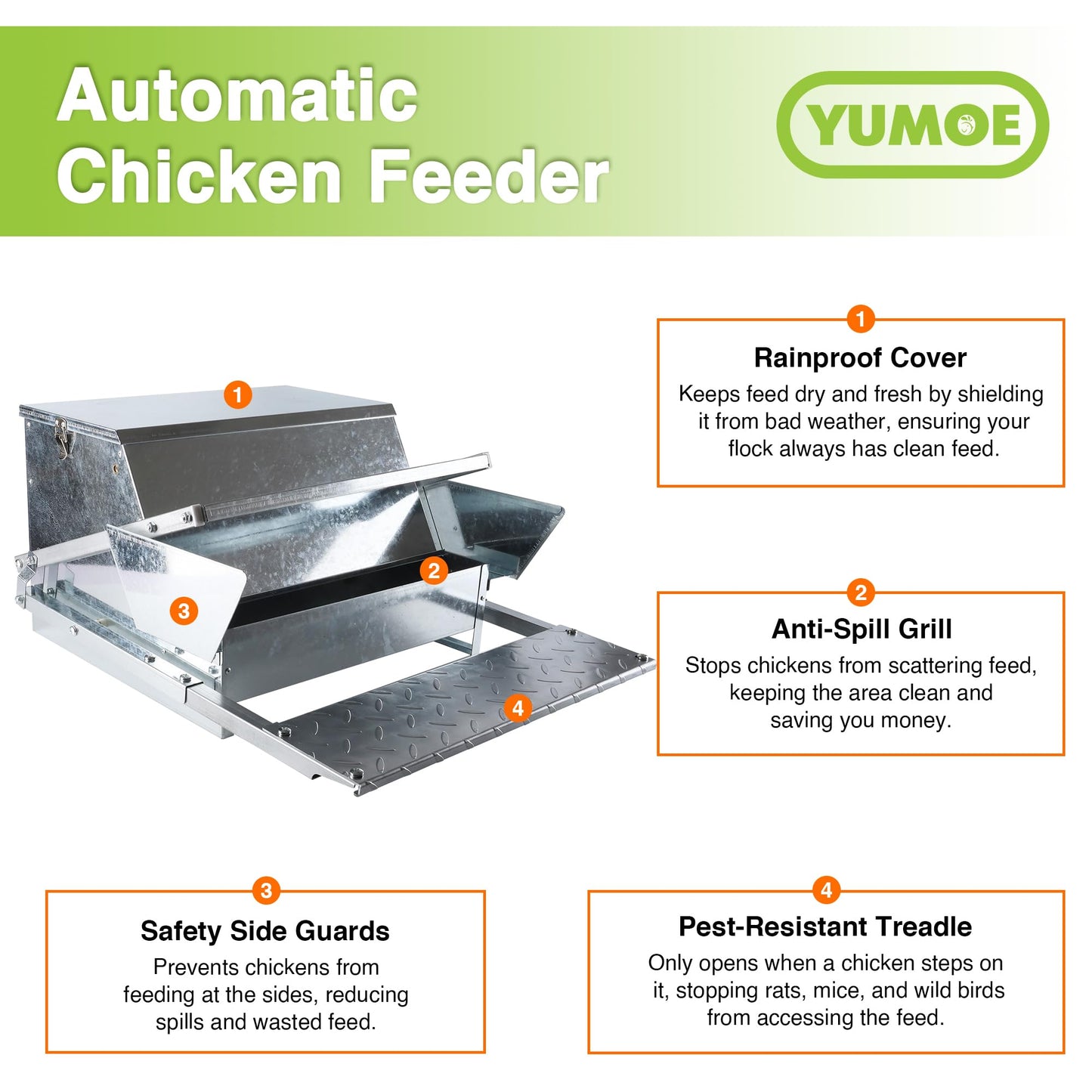 YUMOE Chicken Feeder Galvanized 25Lbs Capacity Weatherproof Treadle Chicken Feeder Rodent Proof