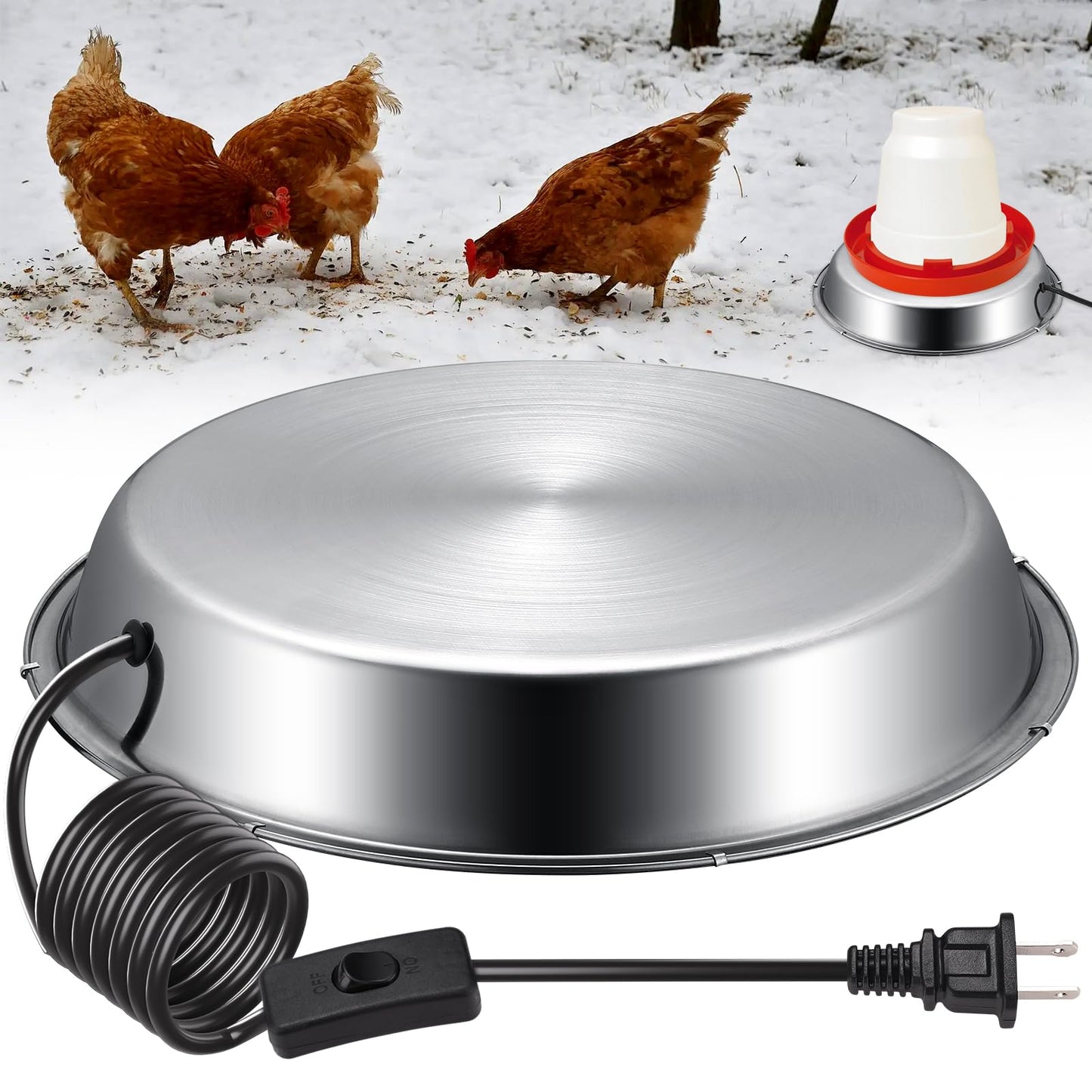 12 Inch Chicken Water Heater Base, 5 Gallons Poultry Drinker Heater Base with Thermostat and Power Cord, Automatic Electric Poultry Winter Deicer Heated Base for Plastic/Metal Chicken Waterer