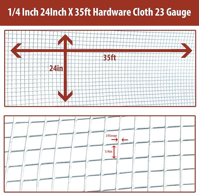 Galvanized Hardware Cloth 1/4" 23 Gauge - 24" x 35ft Welded Wire Mesh (Hot-Dip Galvanized After Welding) - Heavy Duty Chicken Wire for Garden Fencing, Vegetable Protection, Animal Cages, DIY Projects