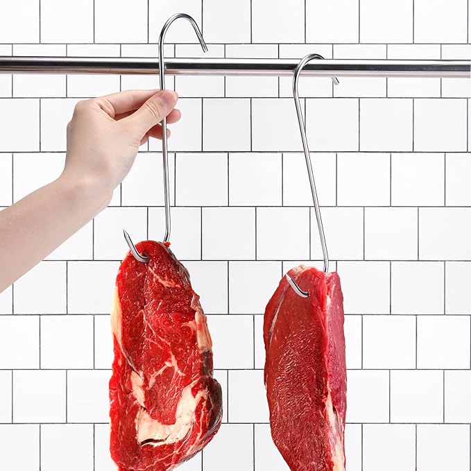 12 Pcs Stainless Steel Meat Hooks, 8 Inch S Shaped for Hanging Bacon, Sausage, Ribs, Drying, Grilling BBQ Market