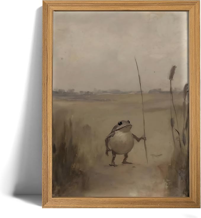 AZPRXN Whimsical Frog Wall Art – Vintage Countryside Canvas Print with Cute Anthropomorphic Animal, Rustic Farmhouse Picture Poster Wall Decor for Living Room, Bedroom, Kids Room,Wood Frame 12x16in