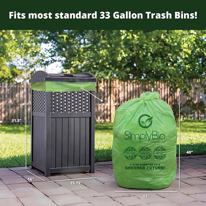 Simply Bio 30-33 Gallon Compostable Trash Bags Liners Flat-Top, Heavy Duty Extra Thick 1.57 Mil, 124.92 Liter, 30 Bags, Lawn, Yard, and Restaurant Use, ASTM D6400, US BPI, OK Compost Home Certified
