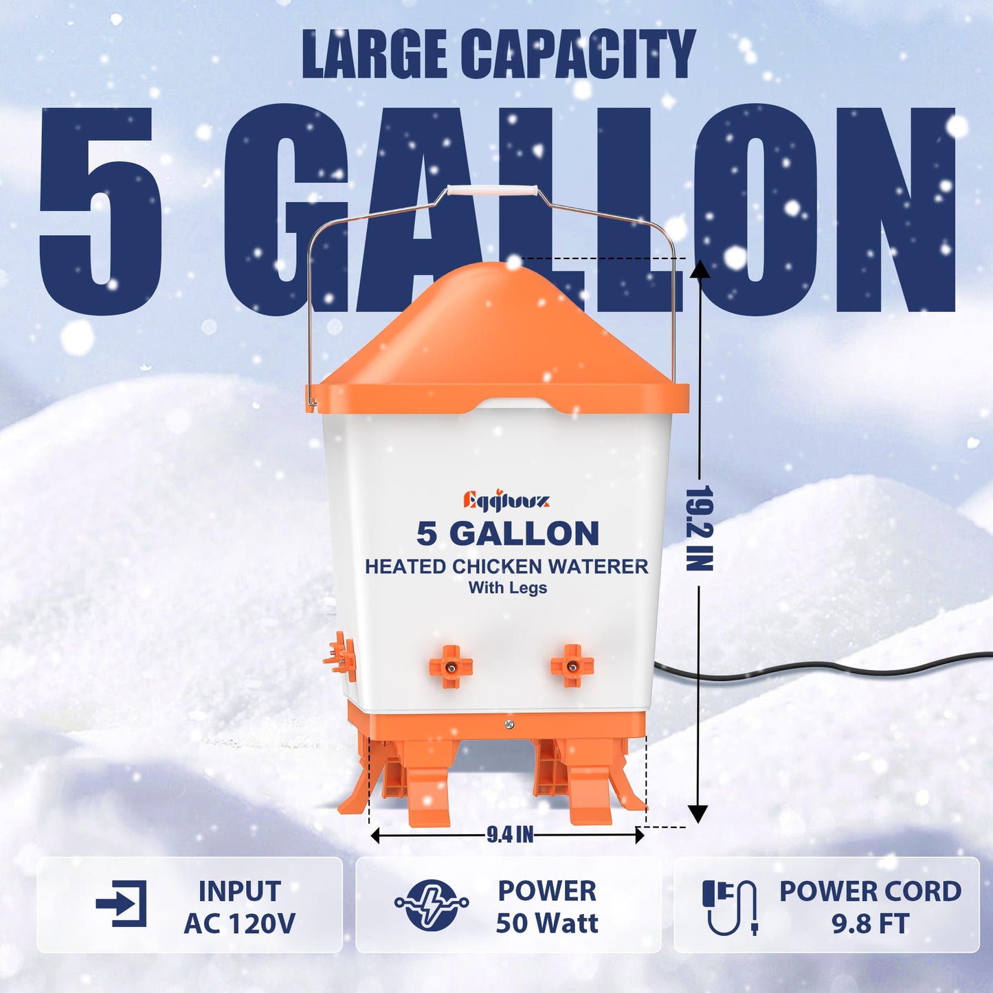 Eggluuz Heated Chicken Waterer 5 Gallon Thermostatically Controlled Poultry Water Heater with 8 Horizontal Nipples for Winter