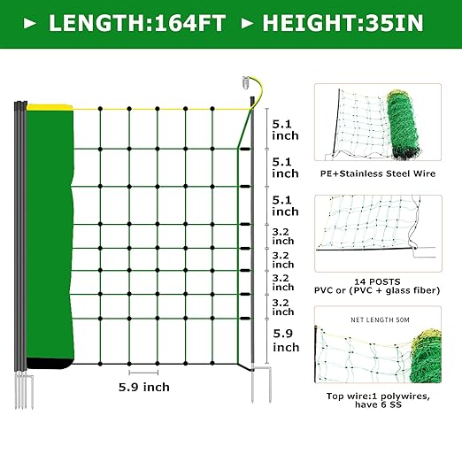 Electric Fence Netting, 35.4" H x 164' L, PE Net Fencing with 14 Posts Double Spiked, Utility Portable Mesh for Goats, Sheep, Lambs, Deer, Hogs, Dogs, Used in Backyards, Farms and Ranches