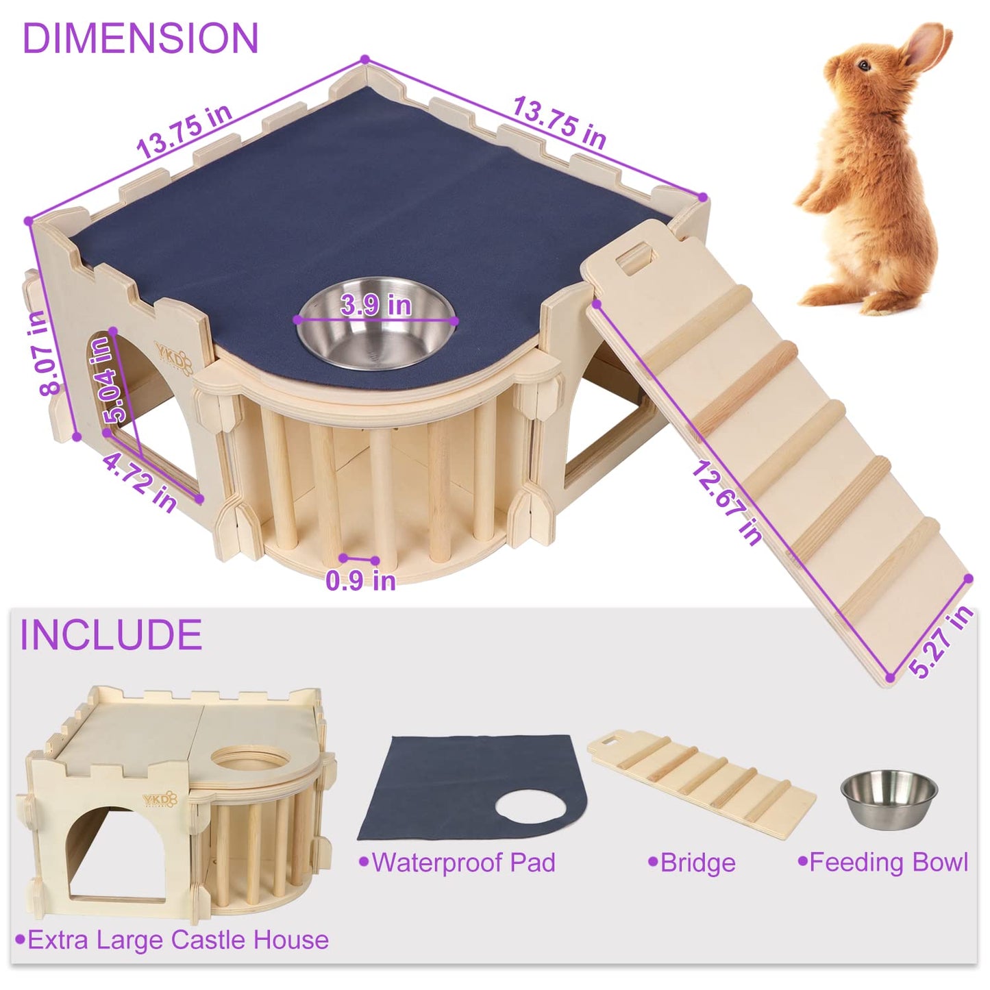 Large Guinea Pig Castle, Natural Wood Rabbit House with Ladder and Hay Feeder, Small Animal Hideout for Rabbit Guinea Pig Hedgehog Chinchilla