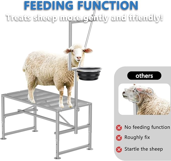600 LBs Goat Stand with Feed Bin, Goat Milking Livestock Stand for Sheep Trimming and Milking, for Hoof Trimming, with Feeder, Adjustable Size, Iron Silver