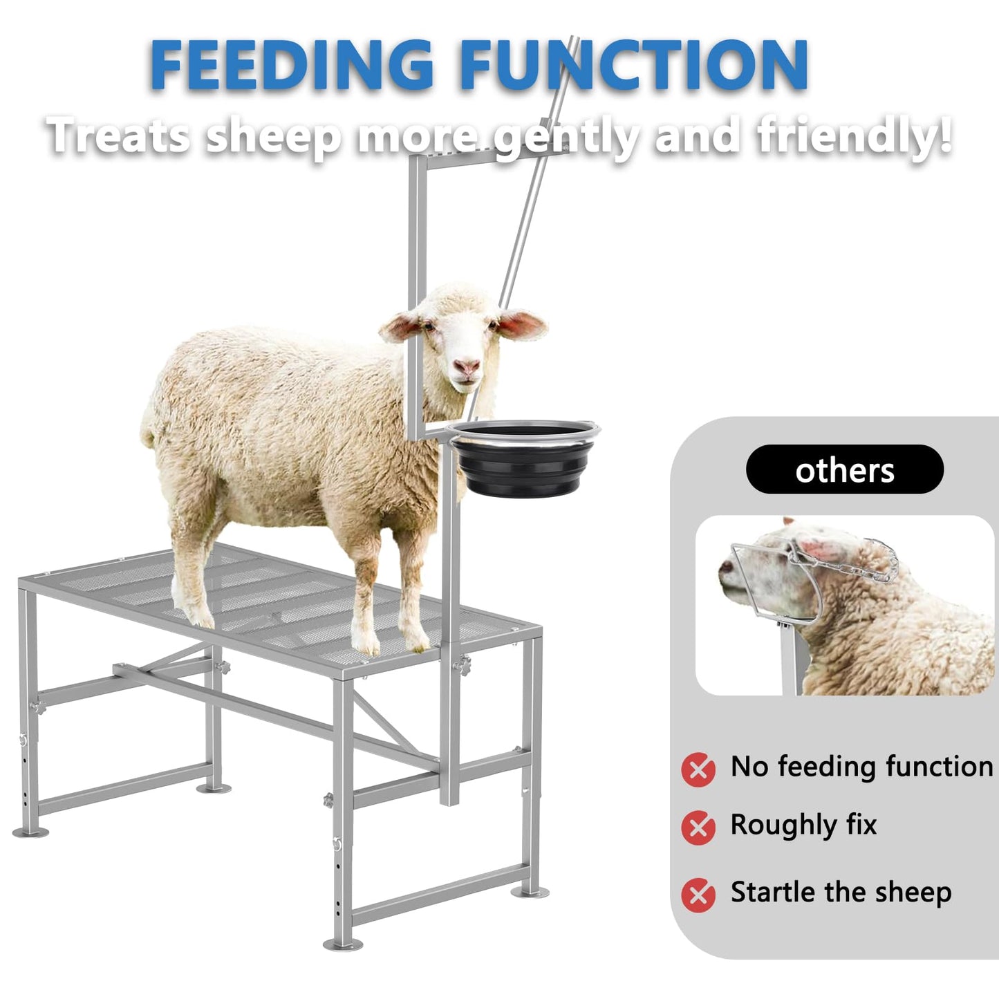 Lezbanz 600 LBs Goat Stand with Feed Bin, Goat Milking Livestock Stand for Sheep Trimming and Milking, for Hoof Trimming, with Feeder, Adjustable Size, Iron Silver