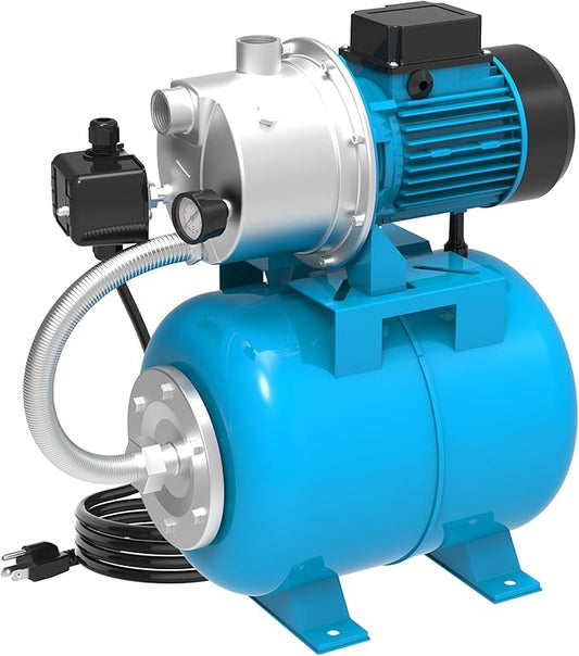 Shallow Well Pump with Pressure Tank 1.5HP, Irrigation Jet Pump 1200 GPH Automatic Booster Sprinkler System,Stainless Steel Water Transfer Camp Pumps for Home, Garden, Lawn