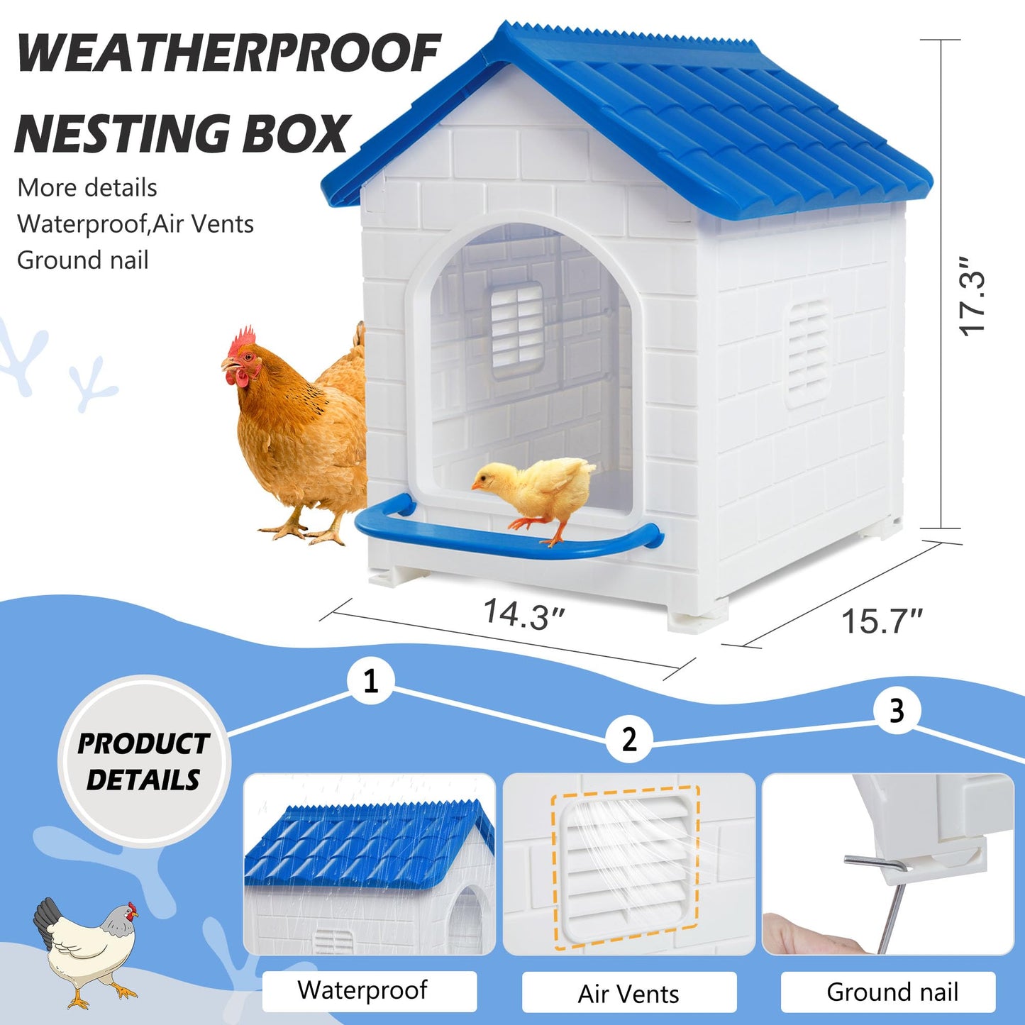 CSQOO Chicken Nesting Box, Waterproof Hens Nesting Boxes with Chicken Nesting Pads for Laying Eggs, Wall Mount Nesting Boxes for Chickens, Duck, Rabbit, Poultry (Blue)