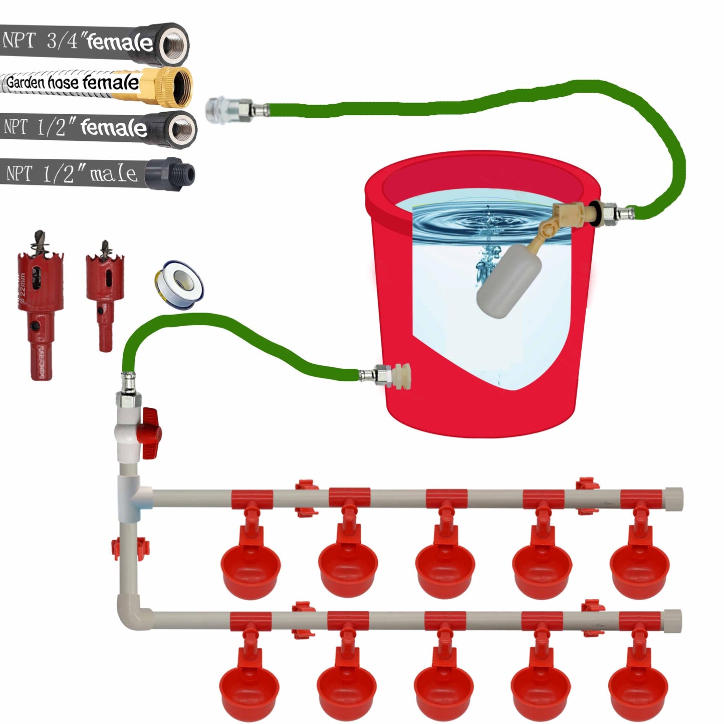 Complete Set Pipeline Automatic Chicken Waterer System,1/2" PVC Pipe Accessories DIY Kit with 2 Hose,Chicken Water Cup,Chicken Waters,Poultry Waterer,Duck Water Feeder for Quail Chicken Duck Goose