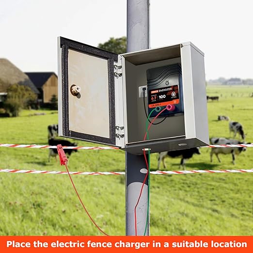 Electric Fence Charger AC Powered 100 Miles 300 Acres, 110 Volt 6.7 Joule Plug-in Electric Fence Energizer, Output Voltage Max 10.2 kV for Livestock, Preventing Predators from Intruding