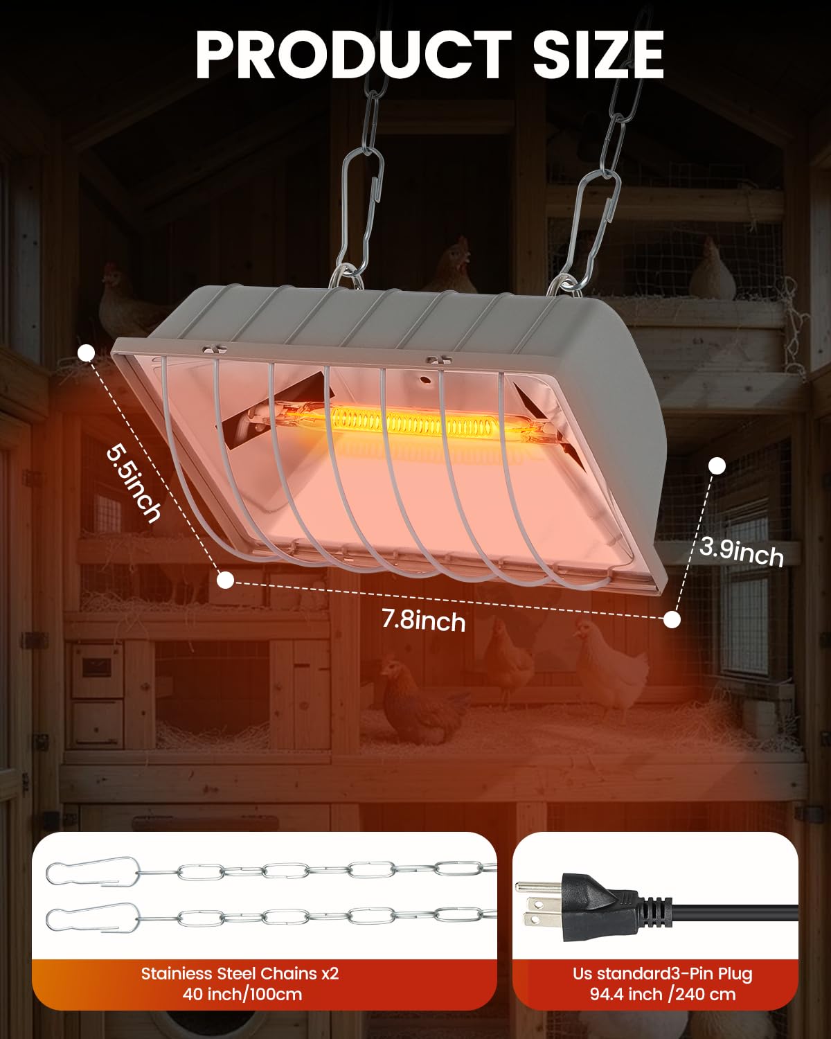 JIAXIDE Dual-Mode 300W Heat Lamp for Chickens - Long-Lasting Chicken Coop Heater & Chick Brooder Kit Companion, Safe Design with 7.87ft Cord for Poultry, Ducks, and Other Livestock