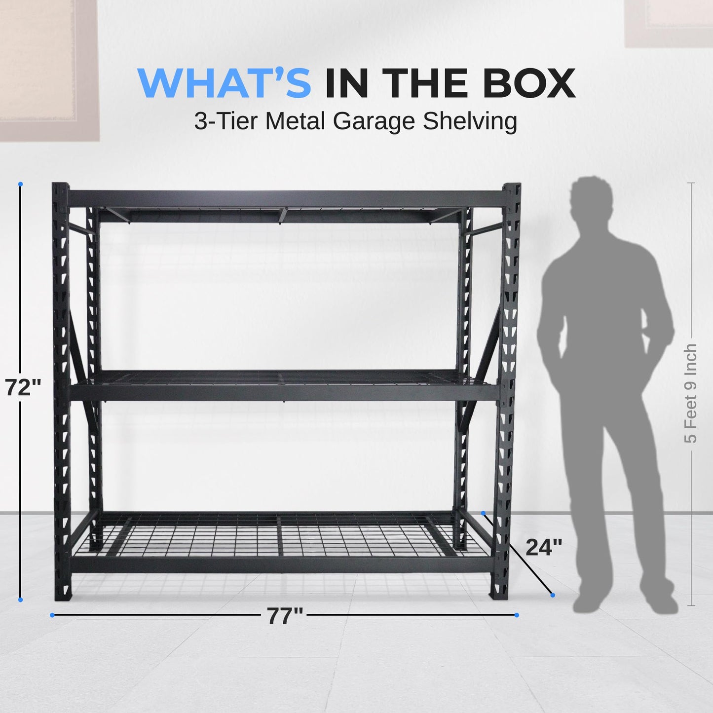 SereneLife Heavy Duty 3-Tier Metal Garage Shelving | 24" x 77" x 72" Extra Wide Adjustable Storage Utility | Freestanding Bulk Storage Rack | Open Wire Mesh Design | 2000 lbs. Capacity