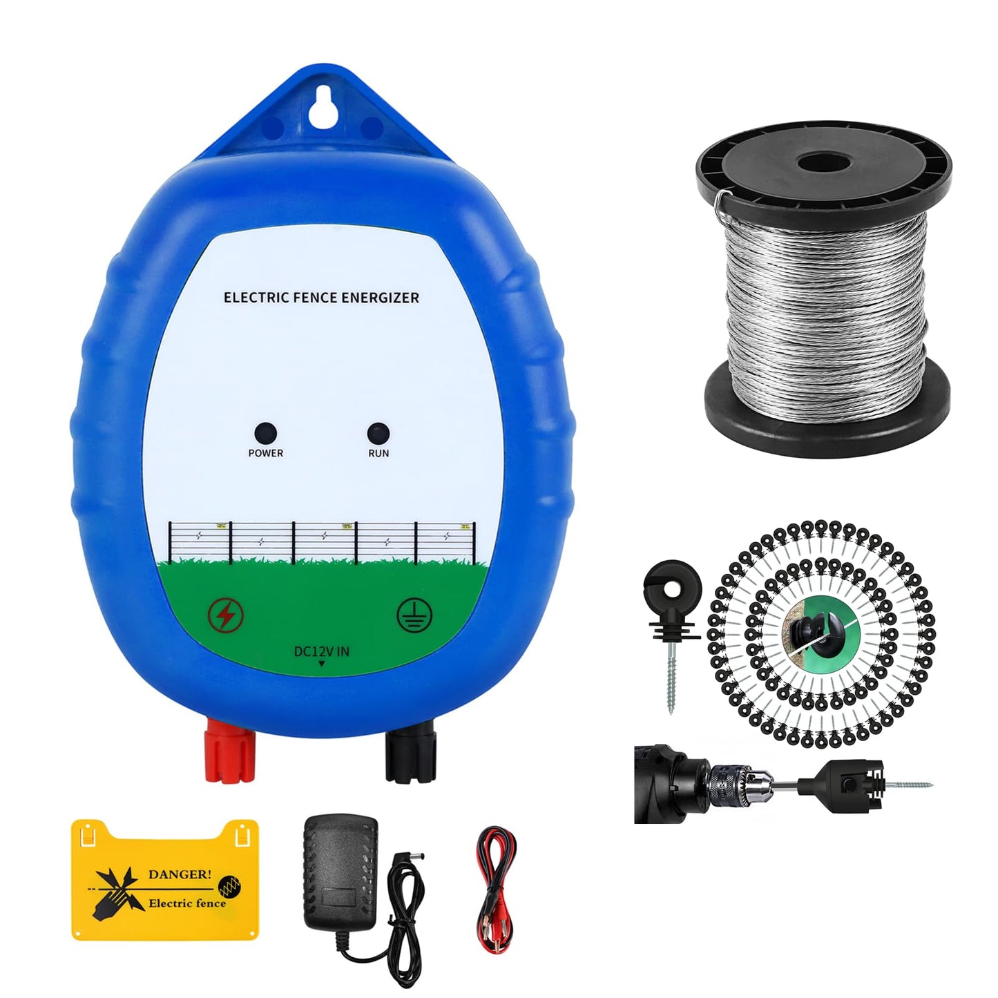 Electric Fence Charger kit, 8 kV High-Power Energizer + 328 ft (100 m) Aluminum Magnesium Alloy Wire + 100 pcs Electric Fence Insulator