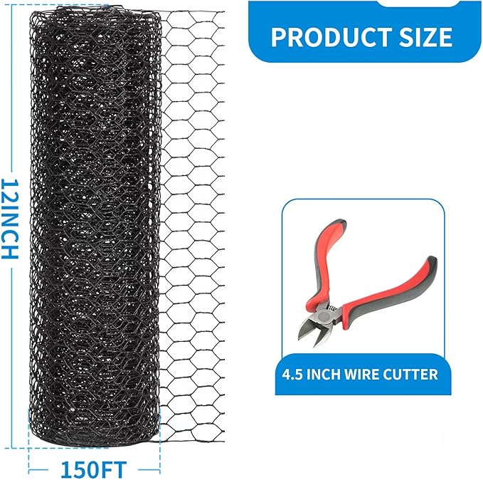 12'' x 150' Black Chicken Wire Mesh Fence, 20 Gauge Galvanized Poultry Netting and 1 inch Garden Mesh Fence Roll, Chicken Wire for Floral Arrangements/Crafts/Farm/Livestock/Pet Protection