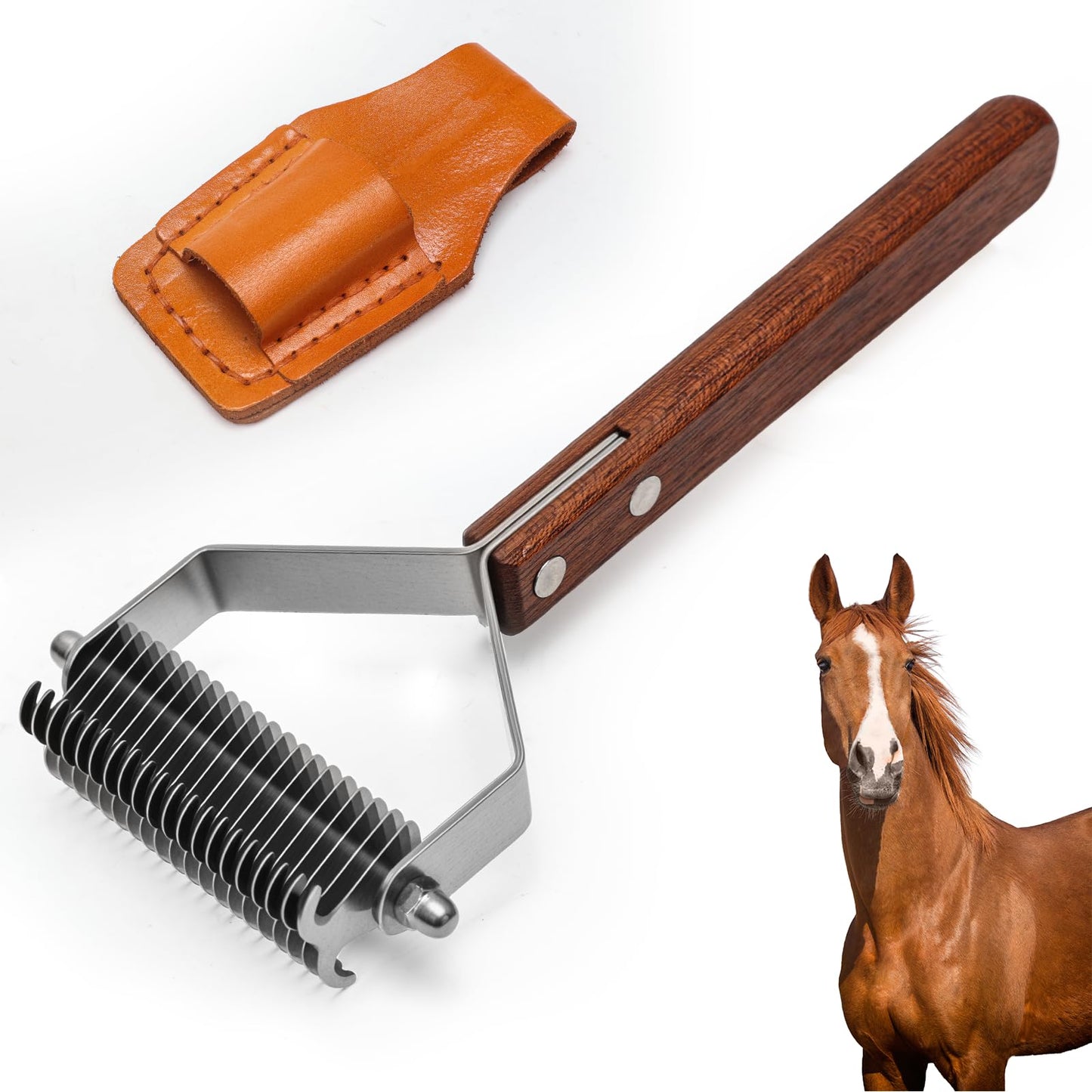 2 in 1 Horse Grooming Comb Mane Deshedding Tool Goats Cow Brush, Horse Brush Set with Leather Show Comb Holder,20 Stainless Blades and Wood Handle,Livestock,Pet