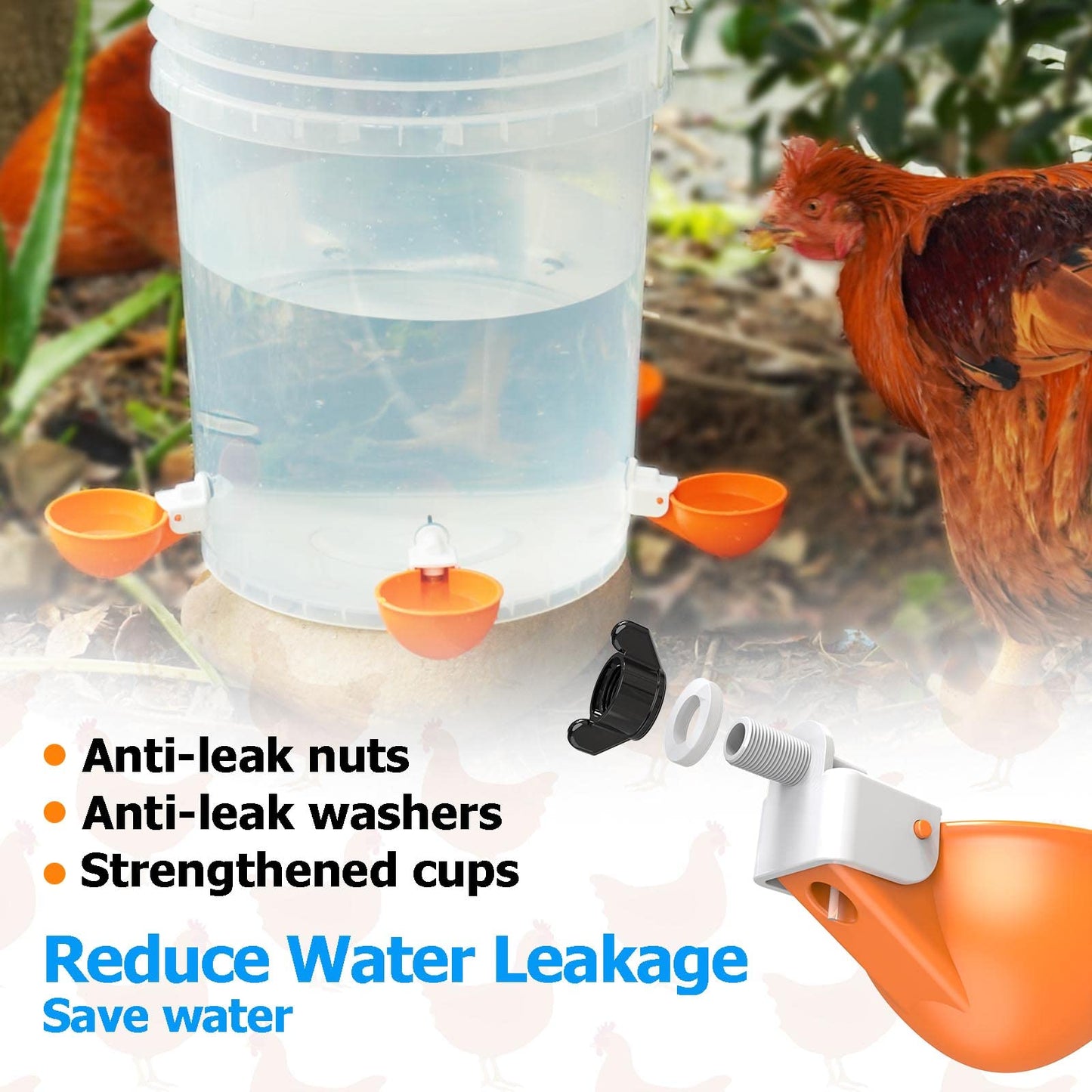 Large Automatic Chicken Waterer Cups with Inserts, Chicken Water Feeder Suitable for Chicks, Duck, Goose, Turkey and Bunny, DIY Poultry Water Feeder Kit (5 Pack-Orange)