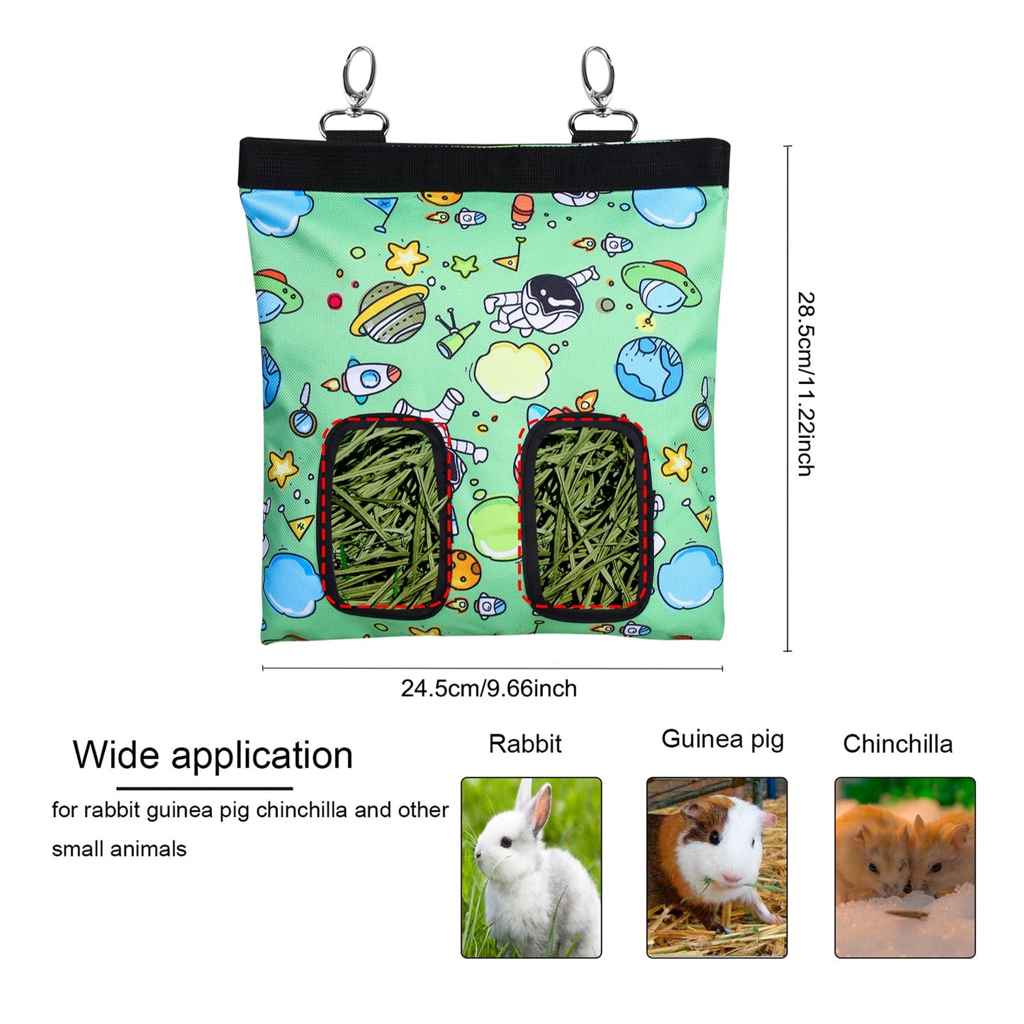 Rabbit Hay Feeder Bag Guinea Pigs Hanging Hay Rack Manger Holder Dispenser Small Animal Feeder Storage Pouch for Bunny Chinchilla Hamster (Pattern Green, 2 Windows)