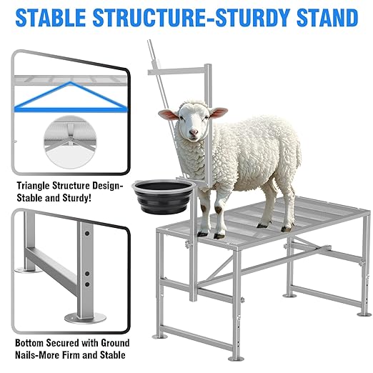 Feed Bin Goat Stand for Milking, 600LBs Goat Milking Stand, Sheep Trimming Hoof Table Iron Silver, Adjustable Size