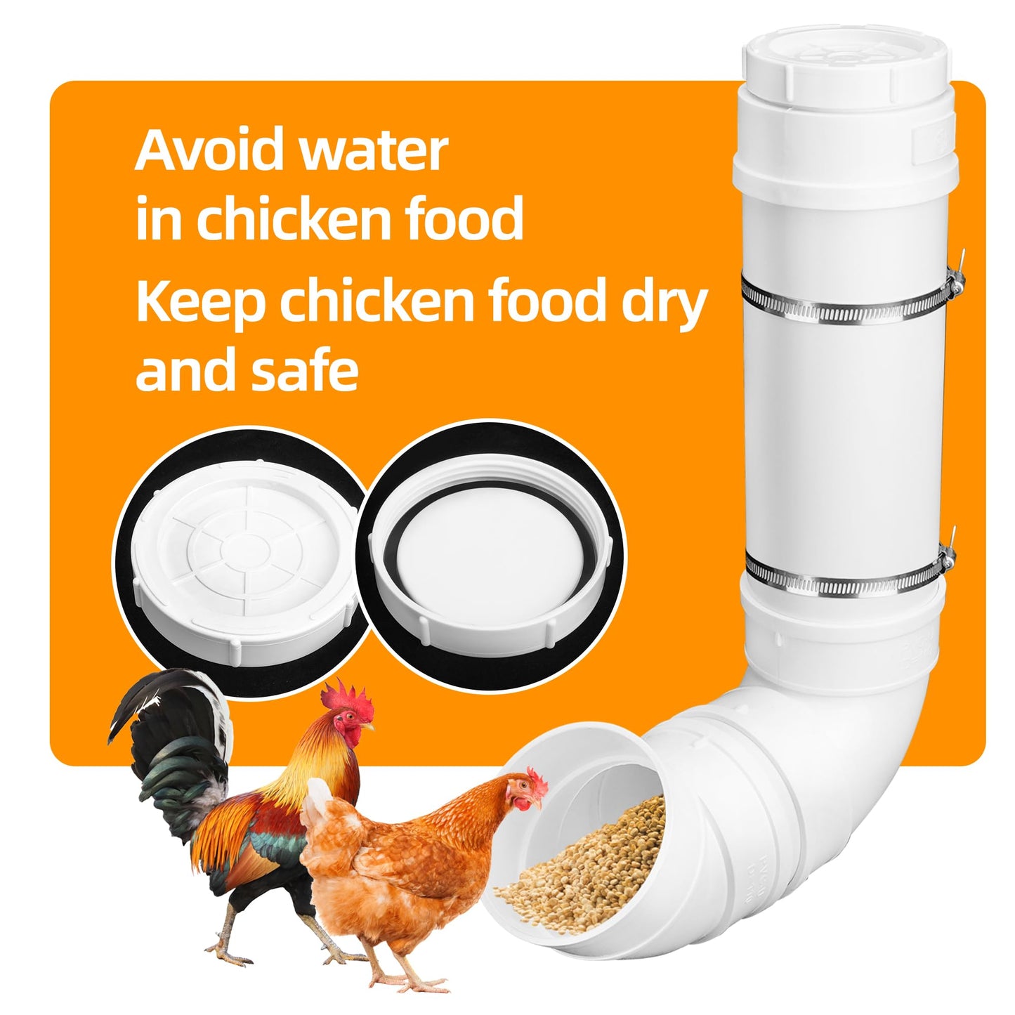 UCandy Automatic Chicken Feeder, 6 Pounds Capacity Heavy-Duty PVC Pipe No Waste Chicken Coop Feeder, Poultry Gravity Feed Port for Chicken Feeding