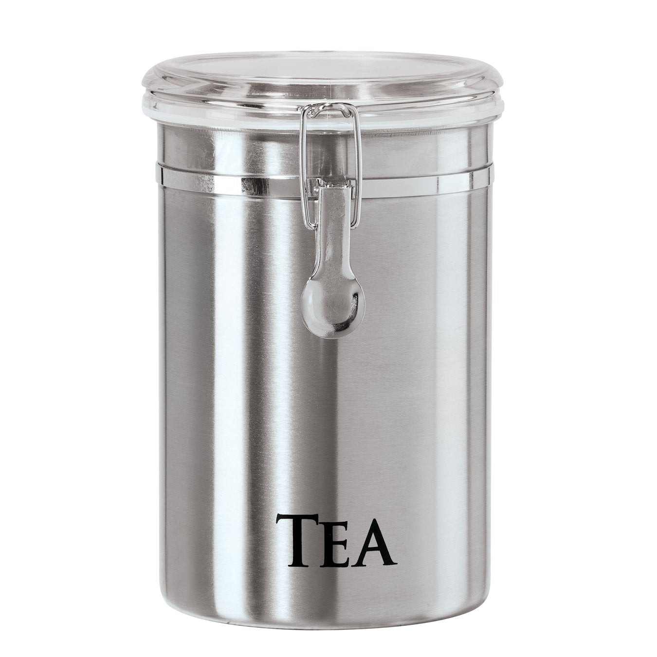 Oggi Stainless Steel Tea Canister 62 fl oz - Airtight Clamp Lid, Clear See-Thru Top - Ideal for Tea Bag, Loose Tea, Kitchen Storage, Pantry Storage. Large Size 5" x 7.5".
