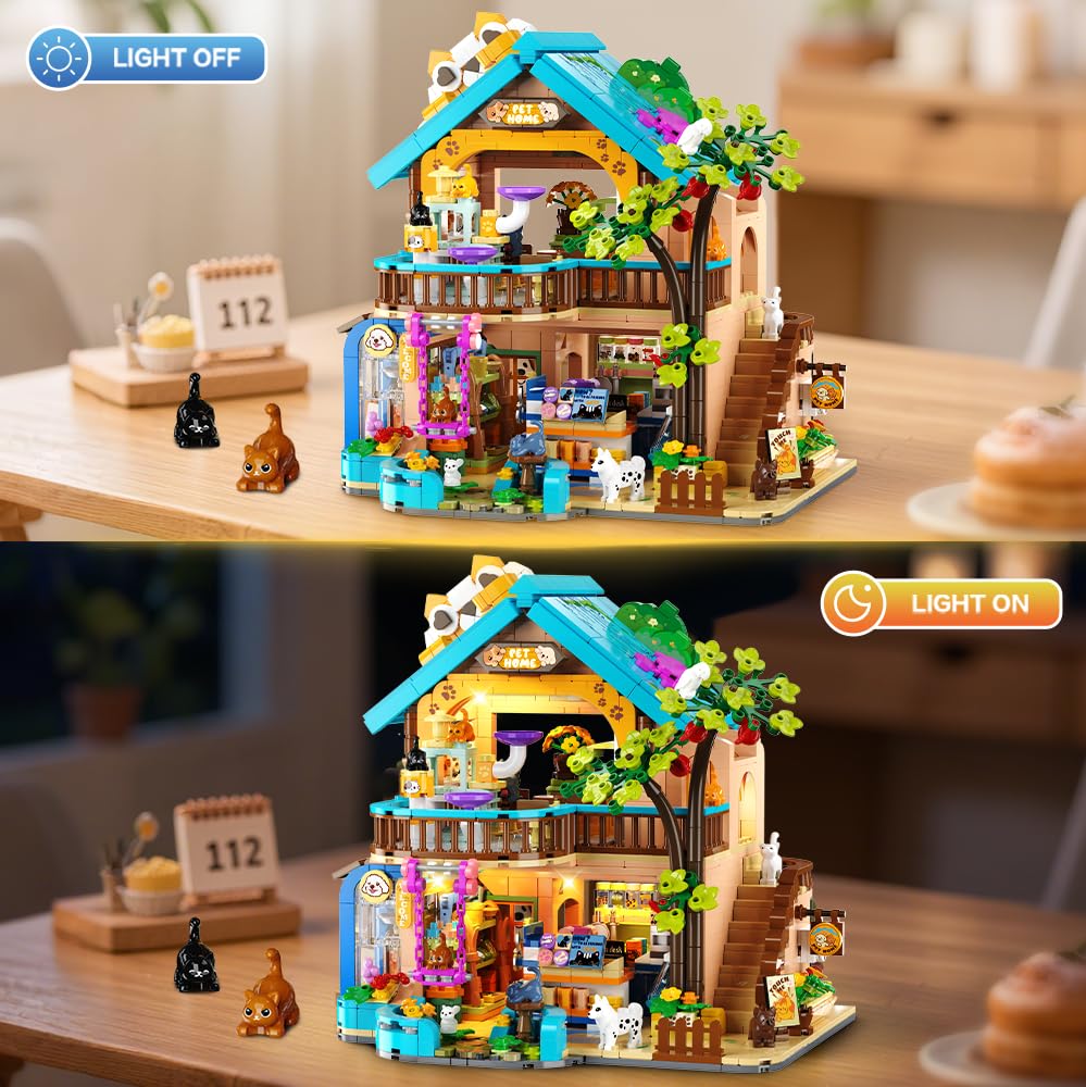 INSOON City Pet Shop Building Set with Lights, Cozy Pet House Construction Toy with Cats Dogs Rabbit, 1431 PCS Cute Animal Store Miniature Model Building Block Kit for Adults Kids Boys Girls Ages 12+