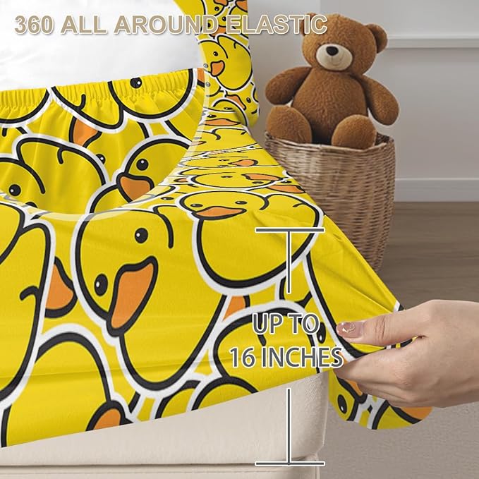 Yellow Rubber Duck Fitted Bed Sheet Set Kids Soft Microfiber Breathable Bedding All-Round Elastic Pocket 3 Pieces Fitted Sheet Set for Boys and Girls (King)