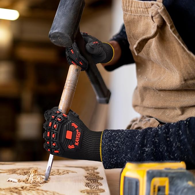KAYGO Cut Resistant Safety Work Gloves，ANSI Cut level A3,Impact Reducing Work Gloves for Men, TPR Impact Reducing Mechanic,KG30NB,2 Pairs Black,2X-Large