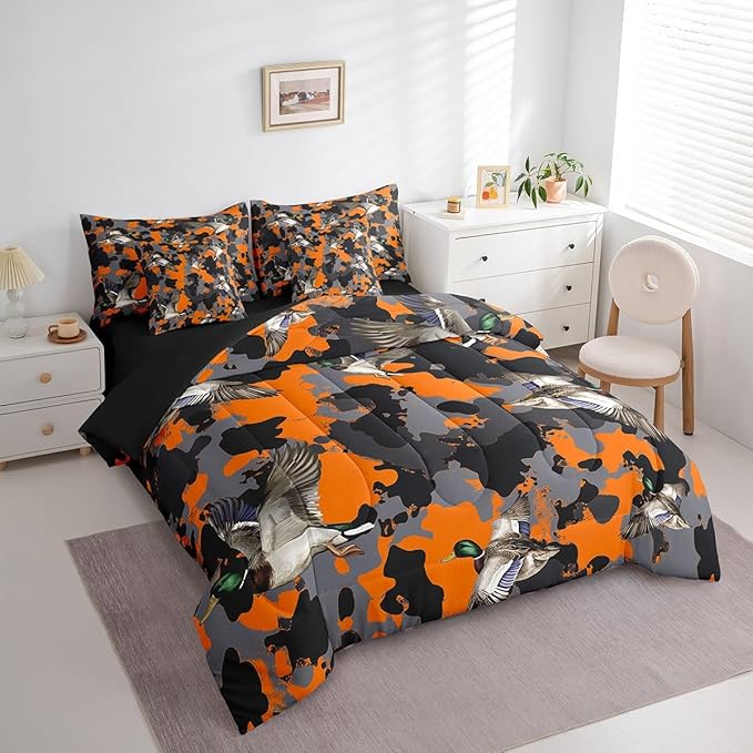 jejeloiu Orange Mallard Duck Comforter Set with Sheets Full Size Kids Wild Duck Hunting Bed in a Bag for Boys Camouflage Camo Military Style Hunting Wild Animal 7 Pieces Bedding Set Soft Room Decor