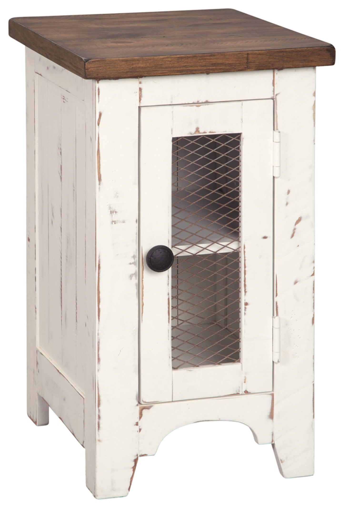 Signature Design by Ashley Wystfield Farmhouse Square Storage Coffee Table with Hinged Lift Top, Distressed White and Chair Side End Table with Cabinet Door for Storage, White & Brown