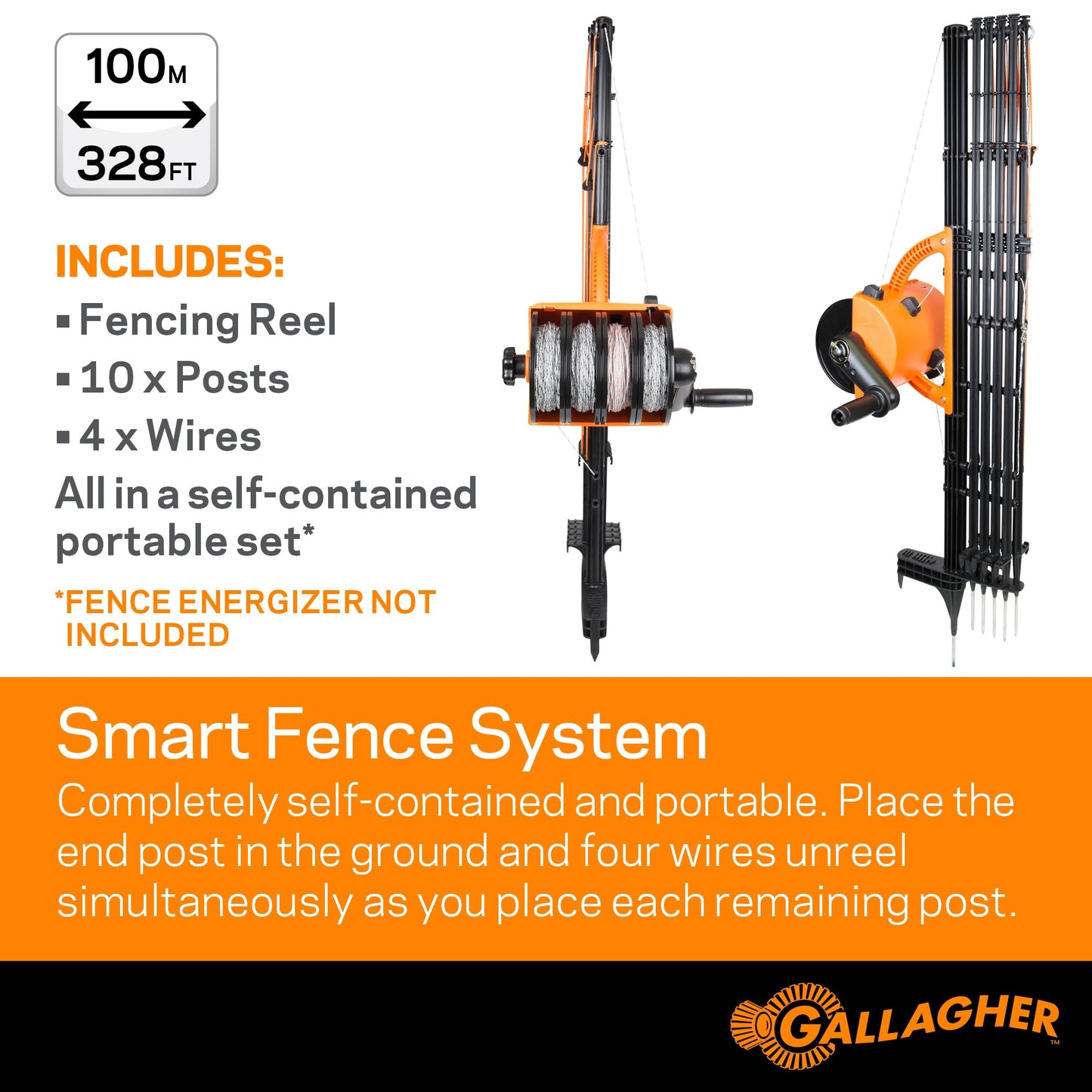 Gallagher Smart Fence 2 | Portable Electric Fence for Livestock Containment | Quick Install Temporary Field Fencing | 328ft of 4-Strand Electric Fencing with Built-in Posts and Reels