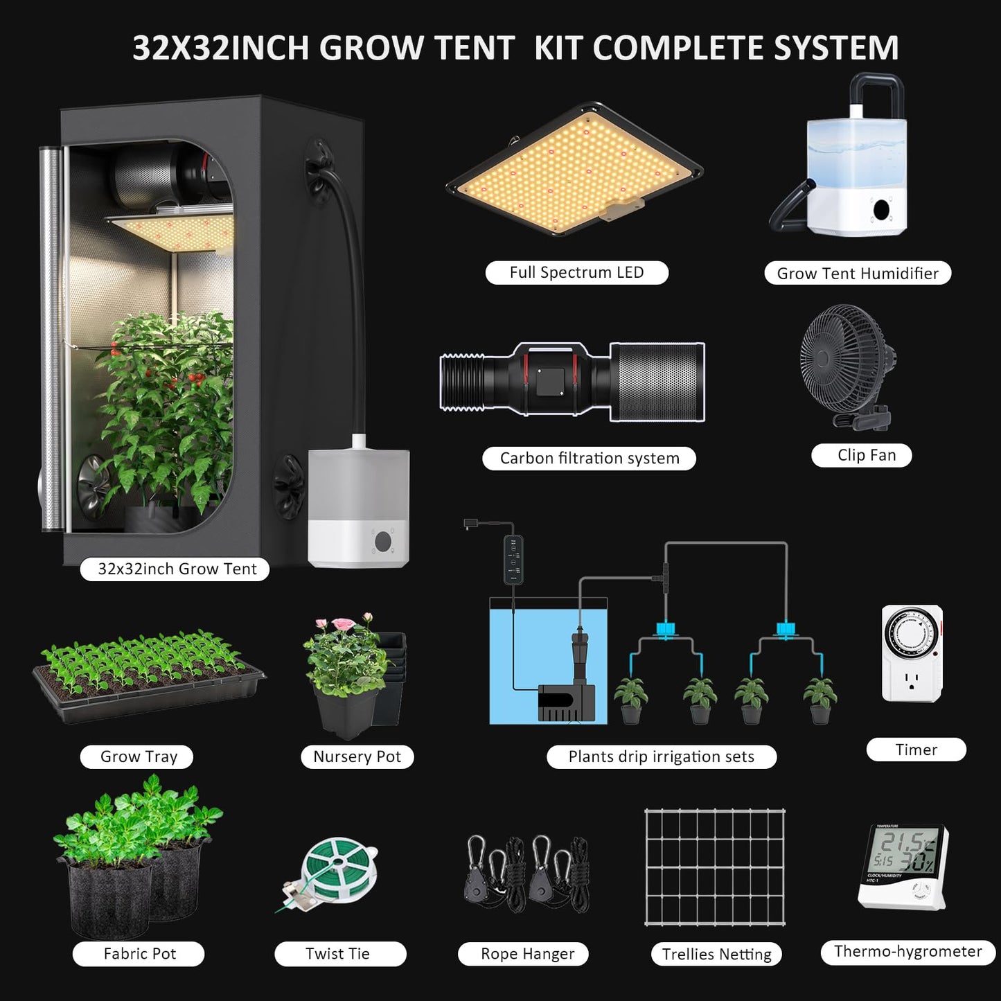TopoGrow Upgrade Integrated Auto Grow Tent Kit Complete Kit, S1000 LED Grow Light, 32"x32"x64" Grow Tent, 4“ Ventilation with Inline Fan, Carbon Filter, Irrigation Kit, Humidifier and Clip Fan