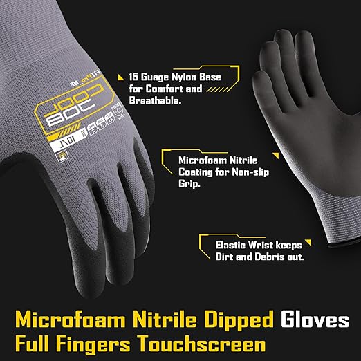 COOLJOB 3/12/36 Pairs Safety Work Gloves Microfoam Nitrile Rubber Coated, Seamless Knit Nylon with Full Fingers Touchscreen, Grip Nitrile Dipped, Ideal for Warehouse, Home Improvement, Grey Small