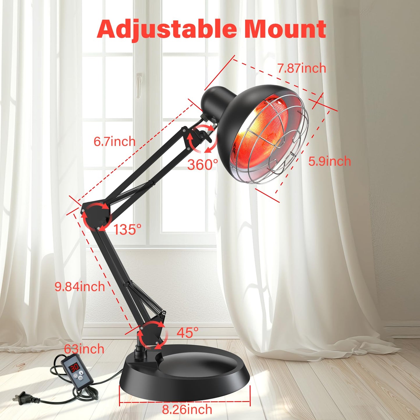 Infrared Light Heat Lamp, Near Red Light Therapy for Body Muscle Joint Pain Relieve 150W Bulb with Adjustable Stand, Timer