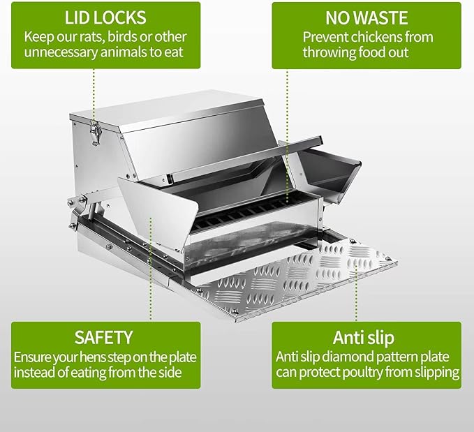 RYFT Automatic Chicken Feeder 25 lb Galvanized Steel Poultry Feeder, Up to 12 Chickens 10 Days with Weatherproof Lid, for Chickens, Ducks, Fowl