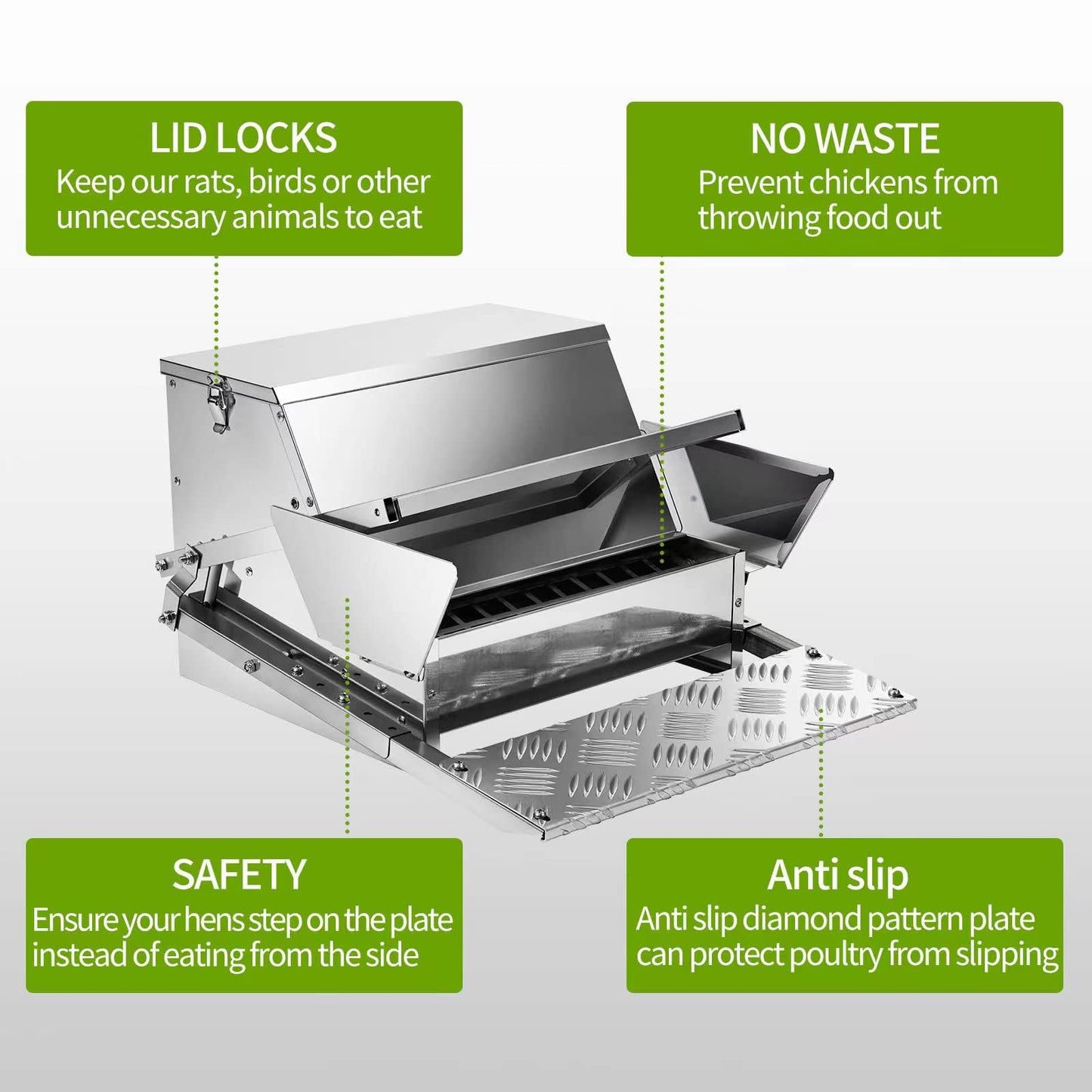 RYFT Automatic Chicken Feeder 25 lb Galvanized Steel Poultry Feeder, Up to 12 Chickens 10 Days with Weatherproof Lid, for Chickens, Ducks, Fowl