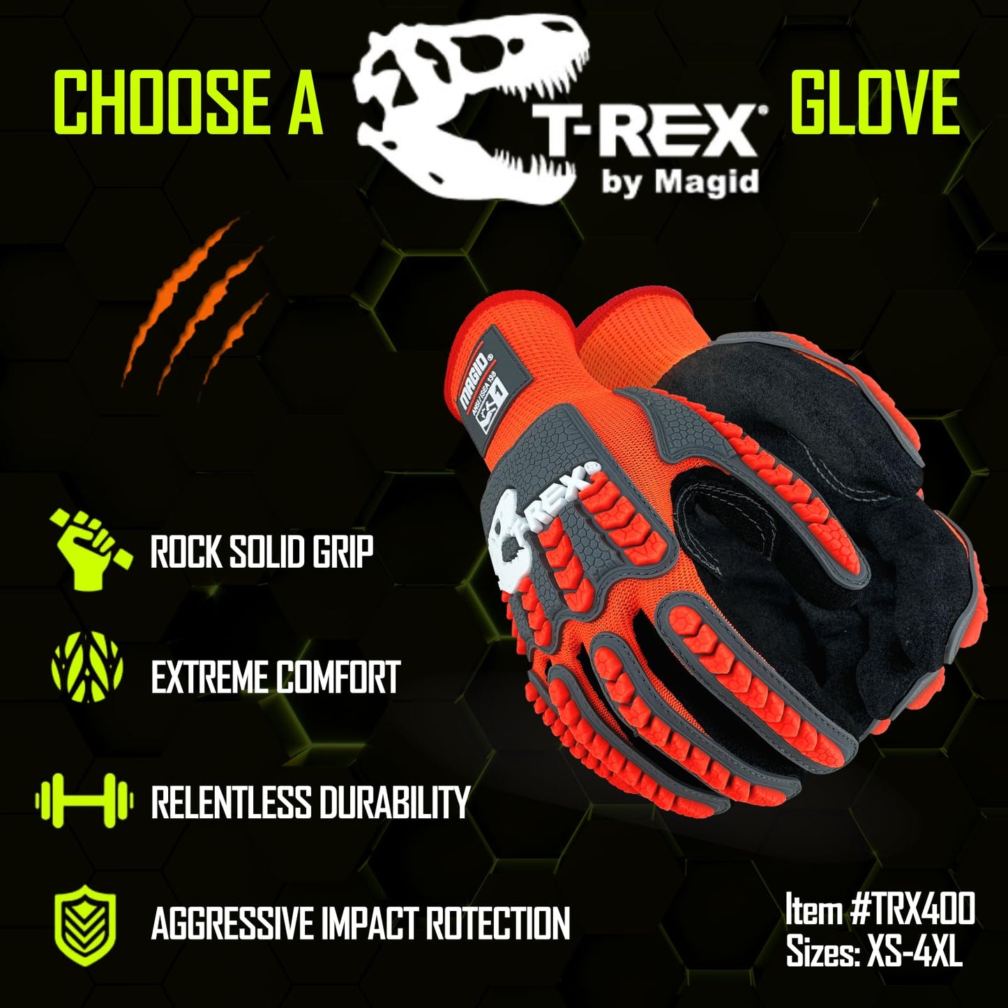 MAGID T-REX Flex Series Nitrile Coated General Purpose Impact Gloves, 72 Pairs, Size 9/Large, TRX400