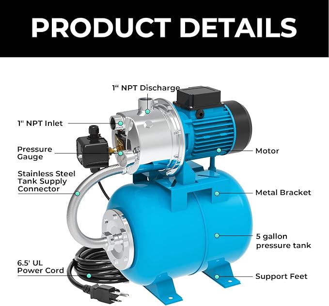 1.5HP Shallow Well Pump with Pressure Tank,1200GPH NSF Certification for Drinking Water Safety,115V,Stainless Steel Irrigation Jet Pump Automatic Booster Pump for Home, Garden, Lawn