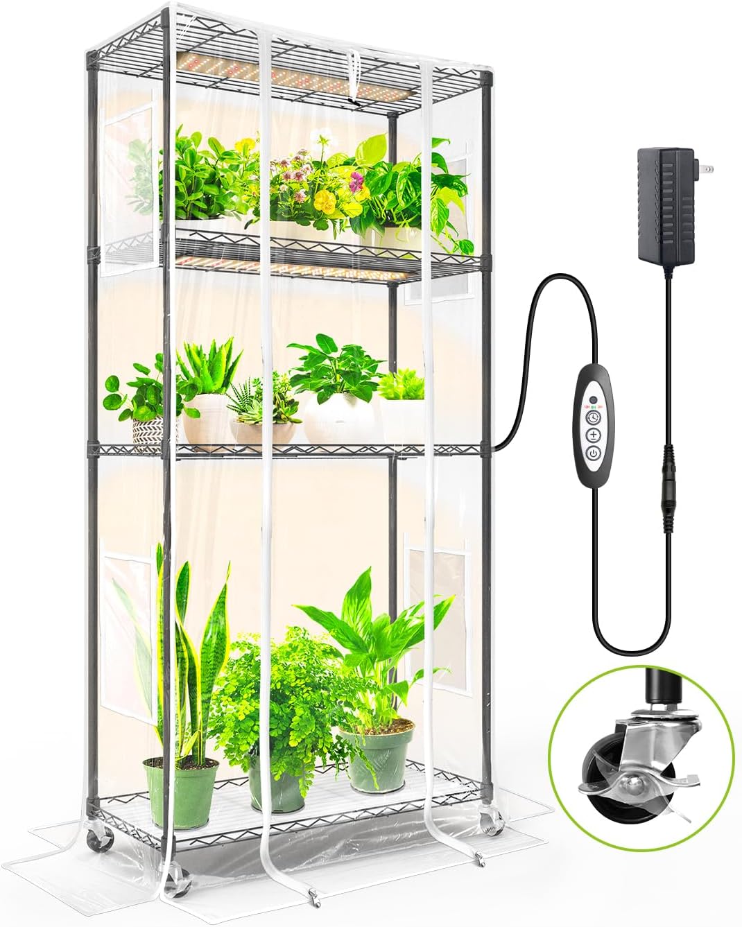 SpeePlant Indoor Greenhouse with Grow Light and Shelves - 4 Tier Plant Stand with Grow Light, Zippered PVC Cover and 3 Dimmable 1.8FT 60W Grow Lights with Timer, 30""(L) X 14""(W) X 59""(H), Black