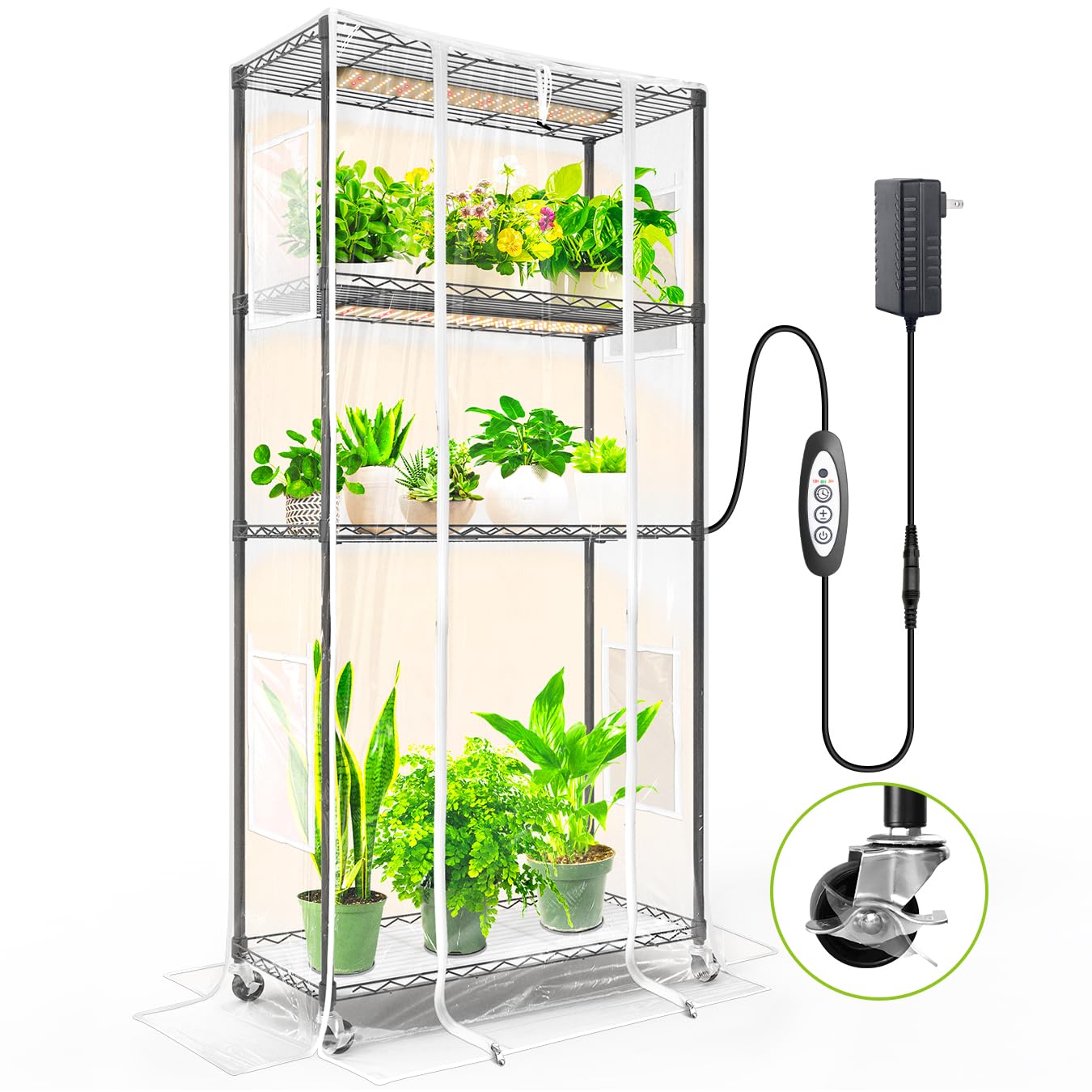 SpeePlant Indoor Greenhouse with Grow Light and Shelves - 4 Tier Plant Stand with Grow Light, Zippered PVC Cover and 3 Dimmable 1.8FT 60W Grow Lights with Timer, 30""(L) X 14""(W) X 59""(H), Black