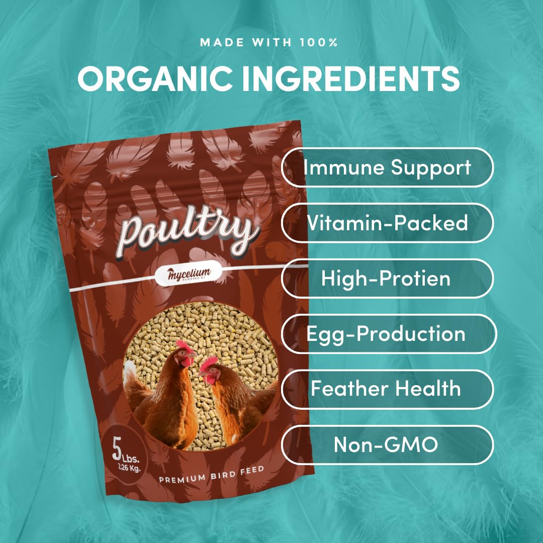 Mycelium Poultry Super Flock Food | High Protein Bird Food with Vitamins & Corn for Chicken, Turkey, Duck & Geese | Supports Growth, Egg Production, Feather & Immune Health | 5 lb Bag