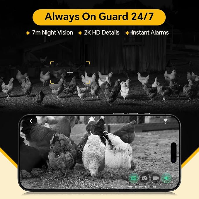 Automatic Chicken Coop Door Solar Powered with 2K Camera & Night Vision Alarm, IP65 Wireless Auto Door Opener, 6-Month Battery, APP Control, 2-Way Audio, Anti-Pinch Design
