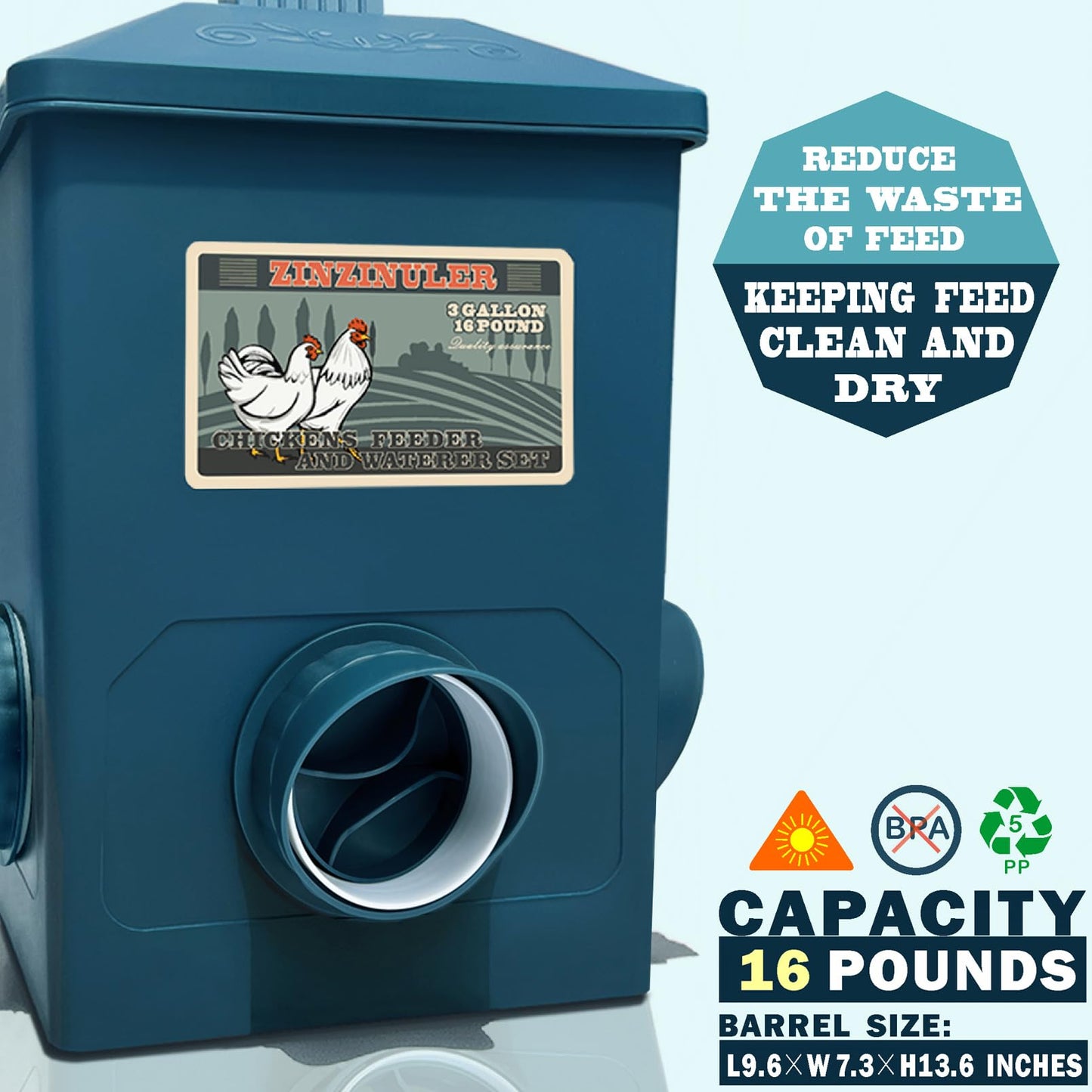 Automatic Port Chicken Feeder and Cup Waterer Set - Chicken Coop Accessories, No Waste Poultry Feeder, 3 Gallon/16 Pounds