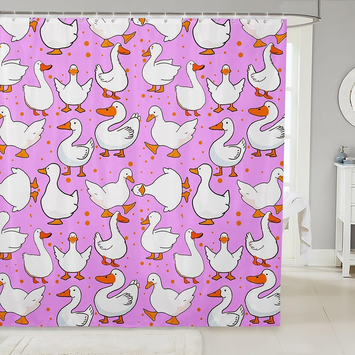 Homewish Cute Goose Shower Curtains,Cartoon Farmhouse Livestock Animal Bath Curtain,Kawaii Duck Hand Drawn Purple Waterproof Fabric Curtain with Hooks Bathroom Decor, 72Wx72L inch