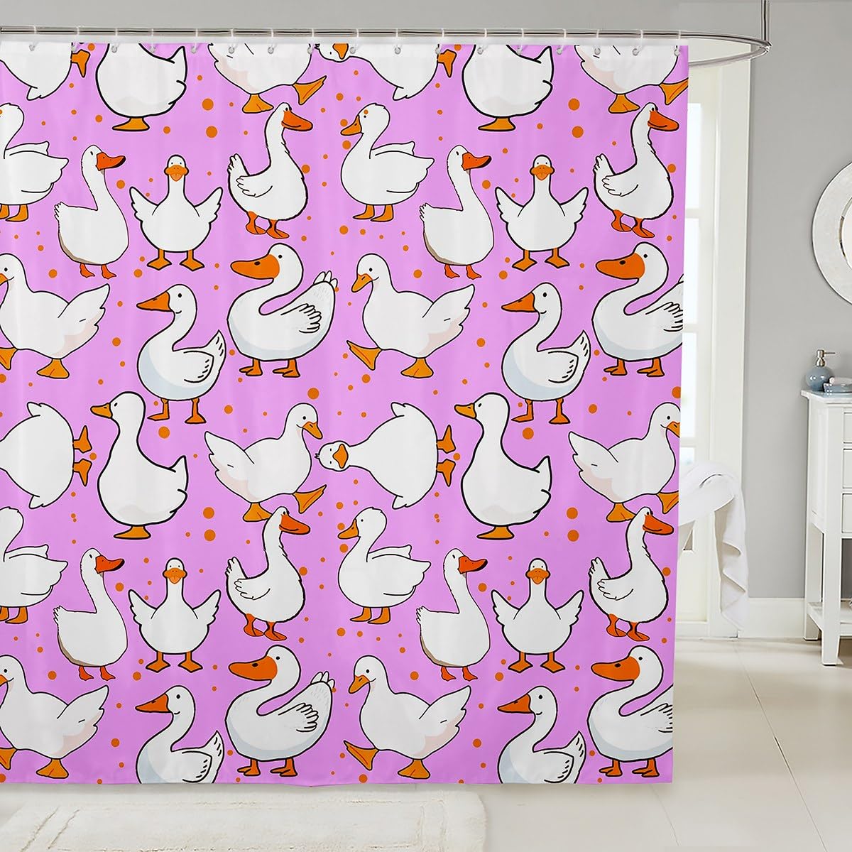 Homewish Cute Goose Shower Curtains,Cartoon Farmhouse Livestock Animal Bath Curtain,Kawaii Duck Hand Drawn Purple Waterproof Fabric Curtain with Hooks Bathroom Decor, 72Wx72L inch