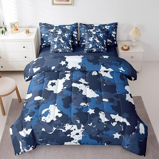 jejeloiu Blue Camouflage 7 Pieces Bedding Set King Size Camo Comforter Set with Sheets for Kids Boys Girls Decor Military Style Disruptive Pattern Abstract Geometric Bed in a Bag Soft Bedroom Decor