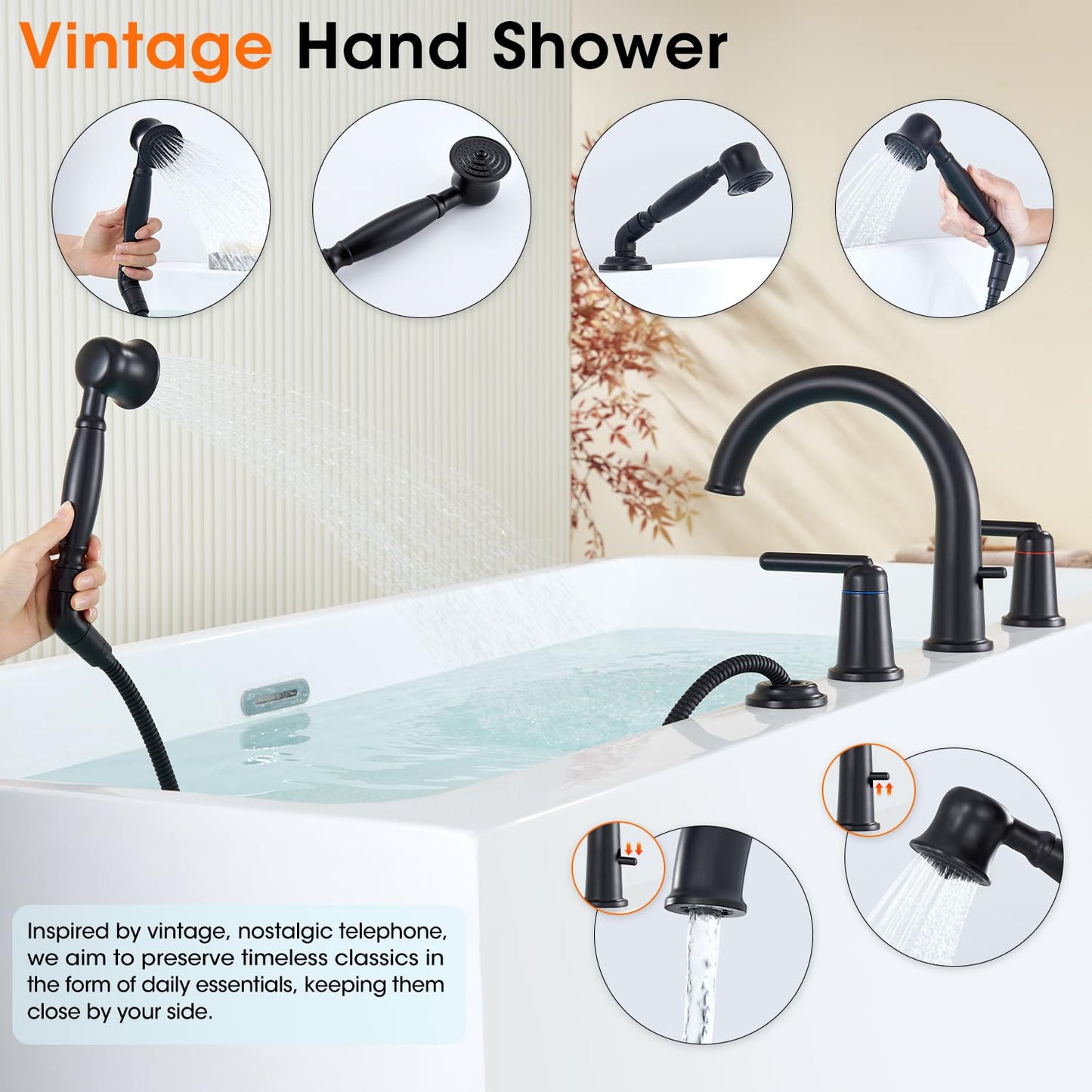 Wintap Bathtub Faucet Trim Kit with Hand Shower and Rough-in Valve Deck Mount 4 Hole High Flow Classic High Arch Tub Faucets Black, WT-9808BK