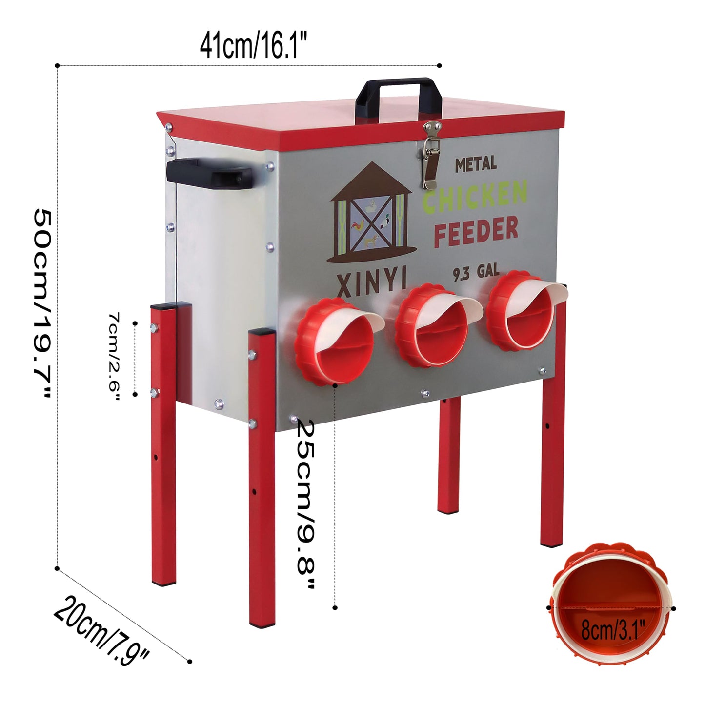 50 lb Automatic Chicken Feeder 6 Port, No Waste Poultry Pro Feeder with Legs, Rodent Proof Chicken Feeder, Weatherproof No Mess No Spill Galvanized Chicken Supplies 9.3 Gallon