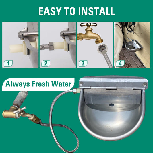 304 Stainless Steel Automatic Livestock Waterer with Float Valve and 39 inch Water Hose(one end 3/4''), Automatic Animal Water Bowl for Dogs,Horse,Calf,Chicken,Goat, Livestock Horse Waterer Dispenser